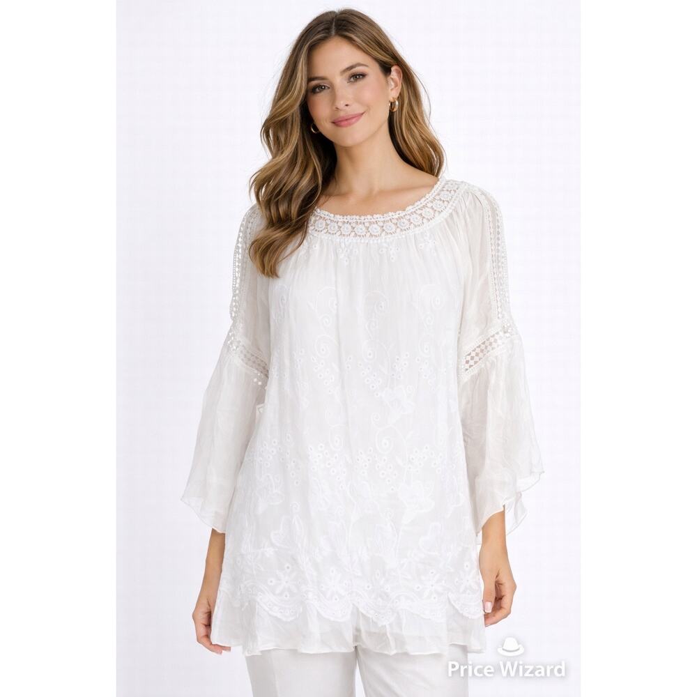 Belle France Silk Blend Lace Tunic Top White Made in Italy Boho Romantic Small